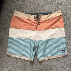 Quiksilver Men's Striped Swim Shorts - Orange, Cream, Blue
